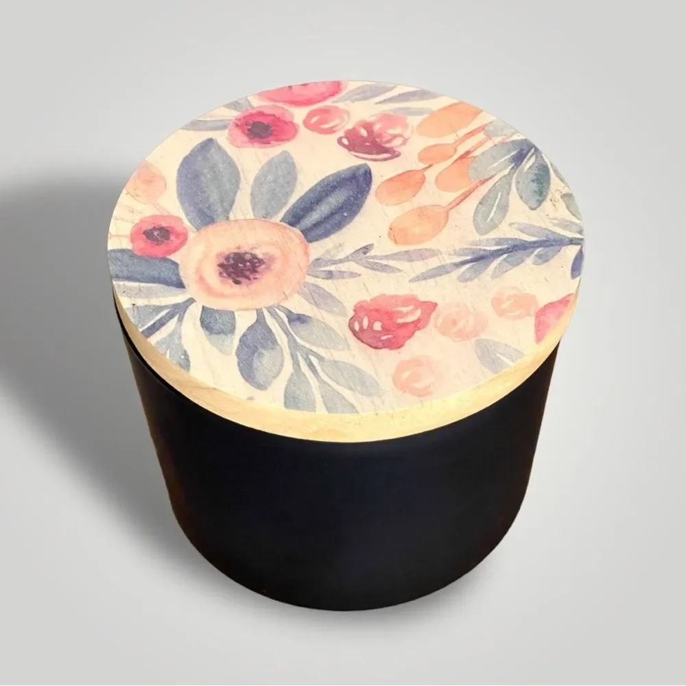 Sapphire Blue Canister with Wooden Flower Painted Sealing Lid 18 oz